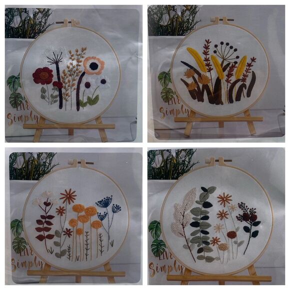 DIY Embroidery Kit Set of 4 Floral Designs with Hoop Threads & Tools Beginner Cr - Picture 1 of 4